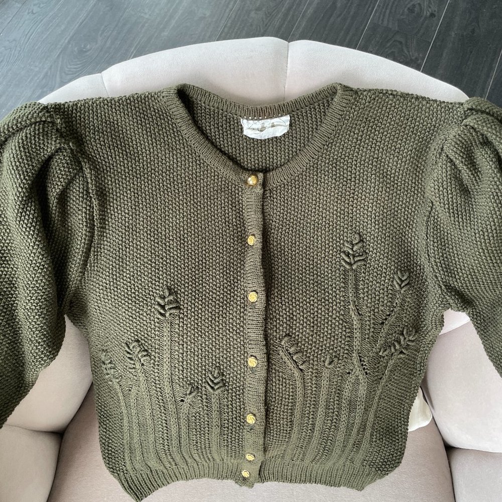 Vintage Austrian Handmade Army Green Wool Blend Cardigan